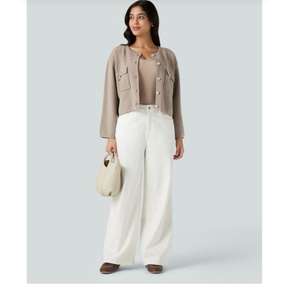 Halara Taupe Round Neck Crop Knit Lady Jacket Cardigan Quiet Luxury Old Money XS